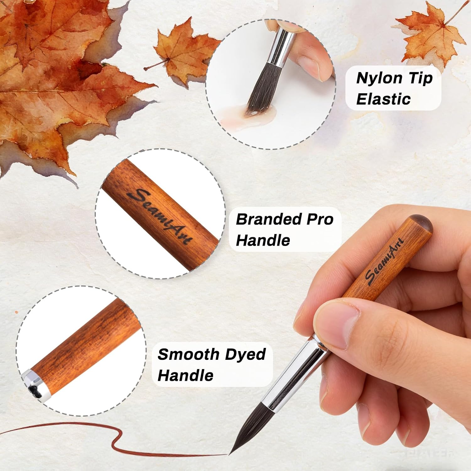 SEAMIART Travel Watercolor Brushes 6pcs Pocket Size Travel Paint Brush Set with PU Pouch, Short Handle Water Color Paint Brushes for Watercolor Acrylic Gouache Inks Painting - Brown