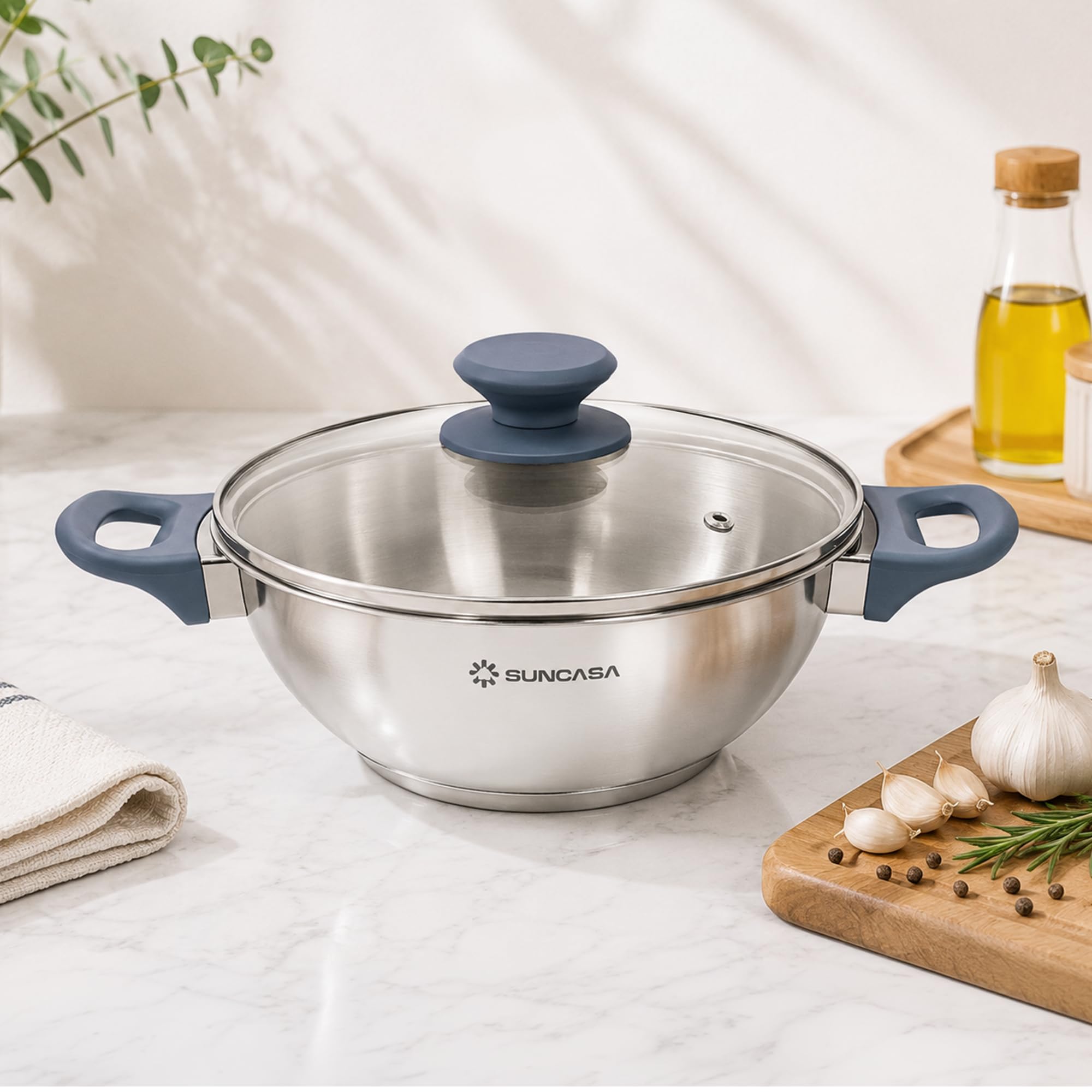 SUNCASA Impact Pro Kadai - Stainless Steel with Glass Lid -2 SUNCASA Impact Pro Kadai - Stainless Steel with Glass Lid -2