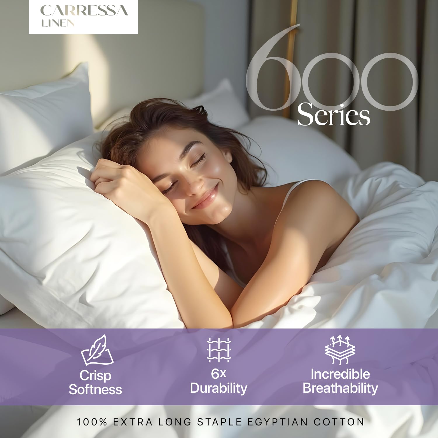 Carressa Linen Set di lenzuola in 100% cotone egiziano, 600 fili, 3 pezzi, per letto matrimoniale, morbide, fresche, ad alto numero di fili, in rasatello, biancheria da letto di lusso extra lunga, con