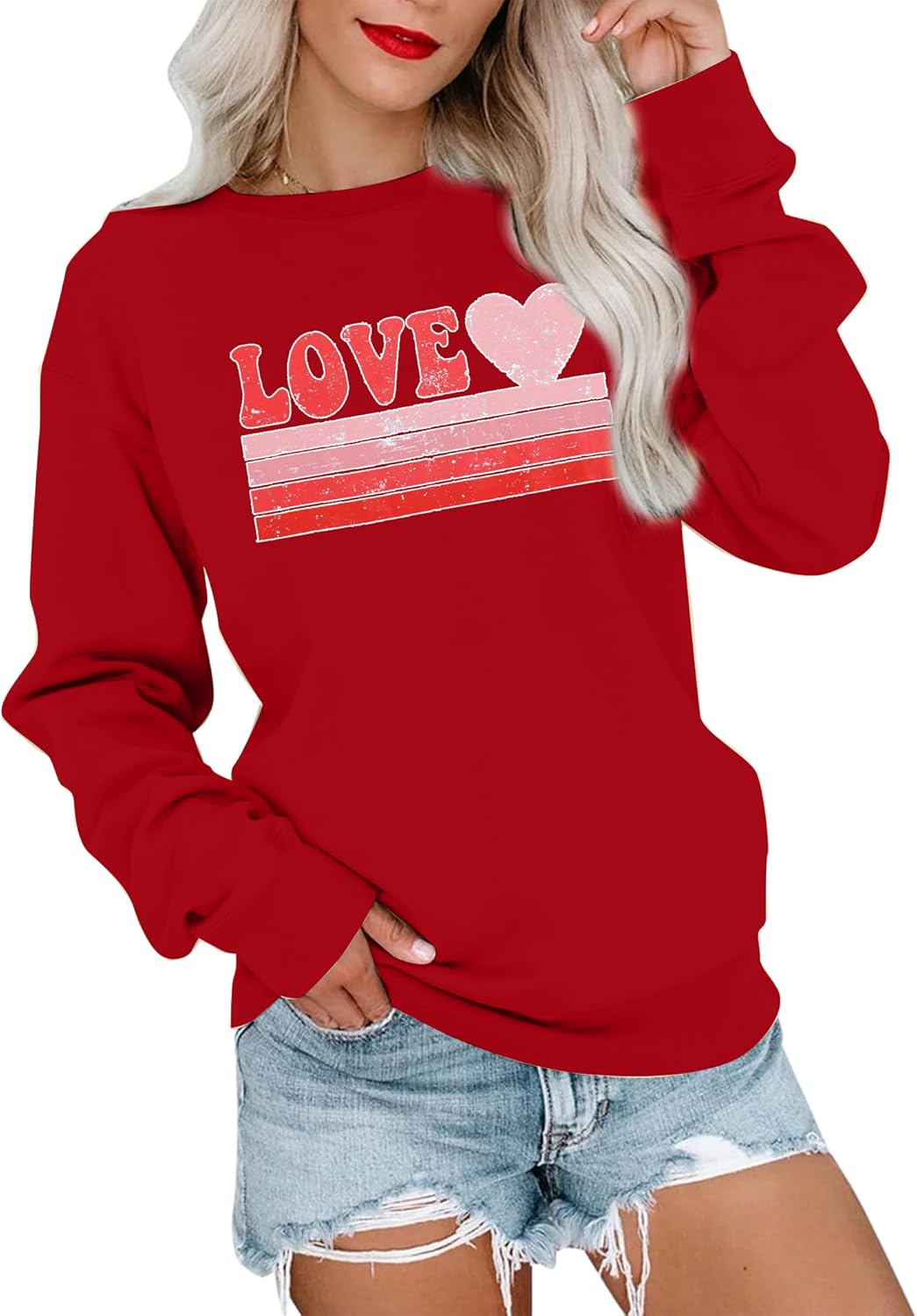 LUKYCILD Valentines Love Heart Shirt: Women Casual Crewneck Sweatshirts Funny Love Graphic Tee Long Sleeve Pullover Tops