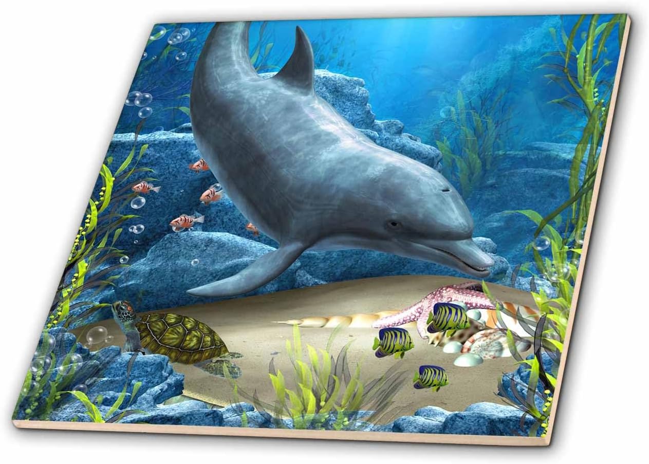 3dRose ct_172930_4 A Dolphin Swims in The Ocean with Turtle Fishes and More Ceramic Tile, 12"