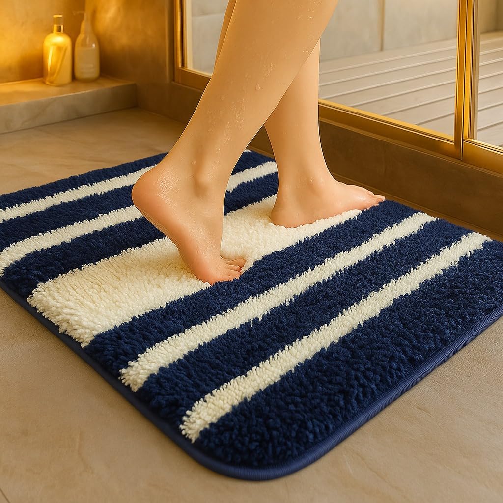 VAS COLLECTIONS Microfiber Solid & Striped Anti-Skid Bath Mats – Pack of 2 (Blue & White, 35x50 cm)
