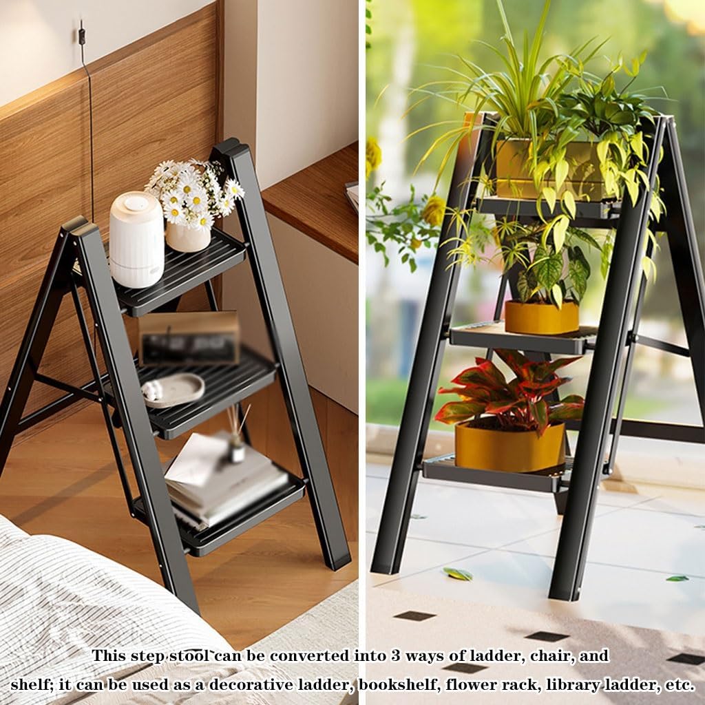Multi-Purpose Folding Step Ladder Chair - Sturdy Carbon Steel Frame, 2/3 Layer Storage Rack & Flower Stand, No Assembly Required, Perfect for Bedroom & Library Use (Black, 68x61x68