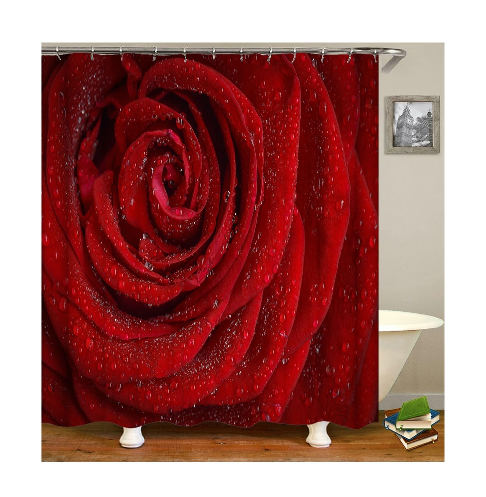 Rideau de douche rouge 165x180 cm fleuri en polyester lavable avec anneaux inclus