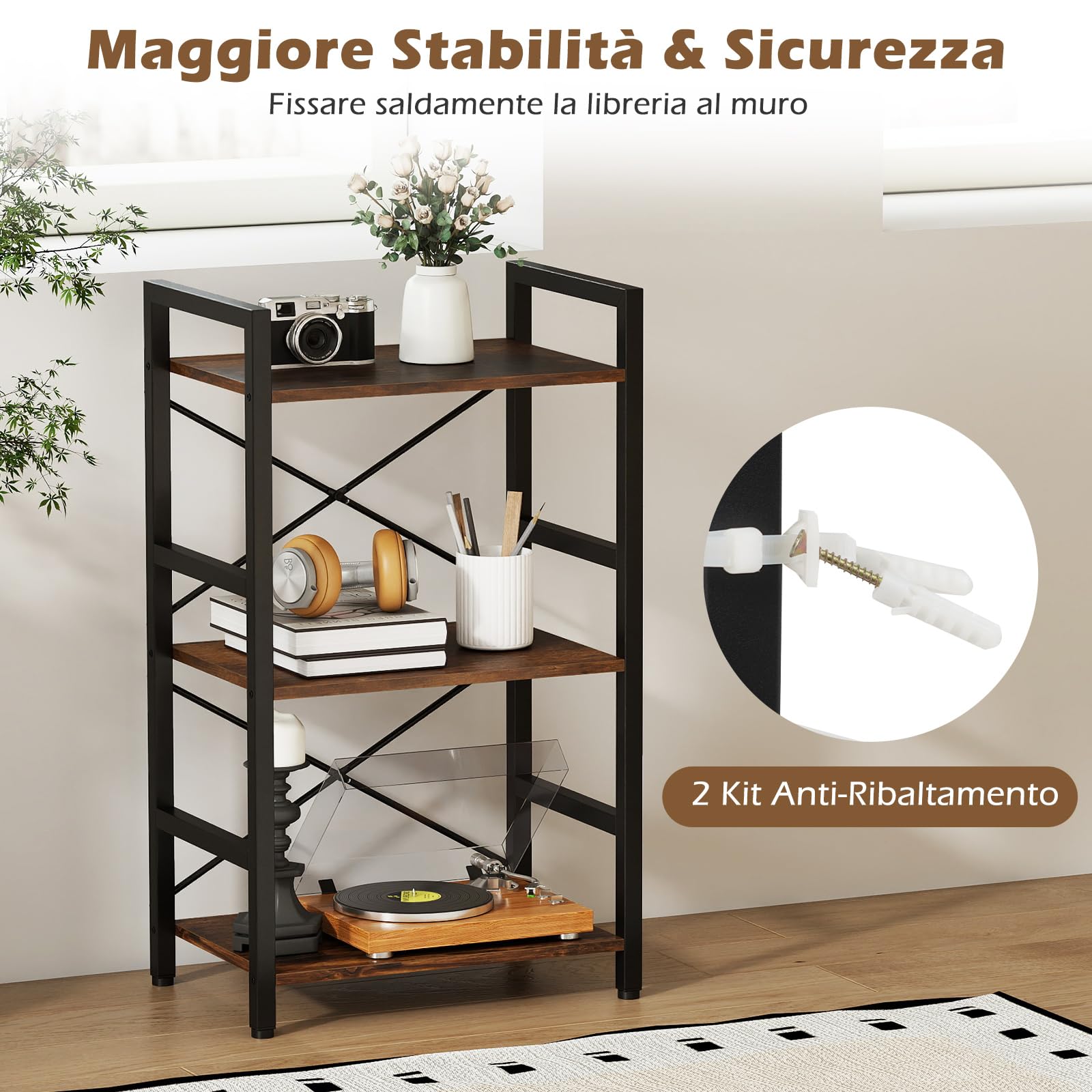 COSTWAY Scaffale a 3 Ripiani, Libreria Salvaspazio con Dispositivo Antiribaltamento, Struttura in Metallo, Mobile Espositivo in Legno per Soggiorno Camera e Ufficio, 42 x 28 x 70 cm (Marrone)