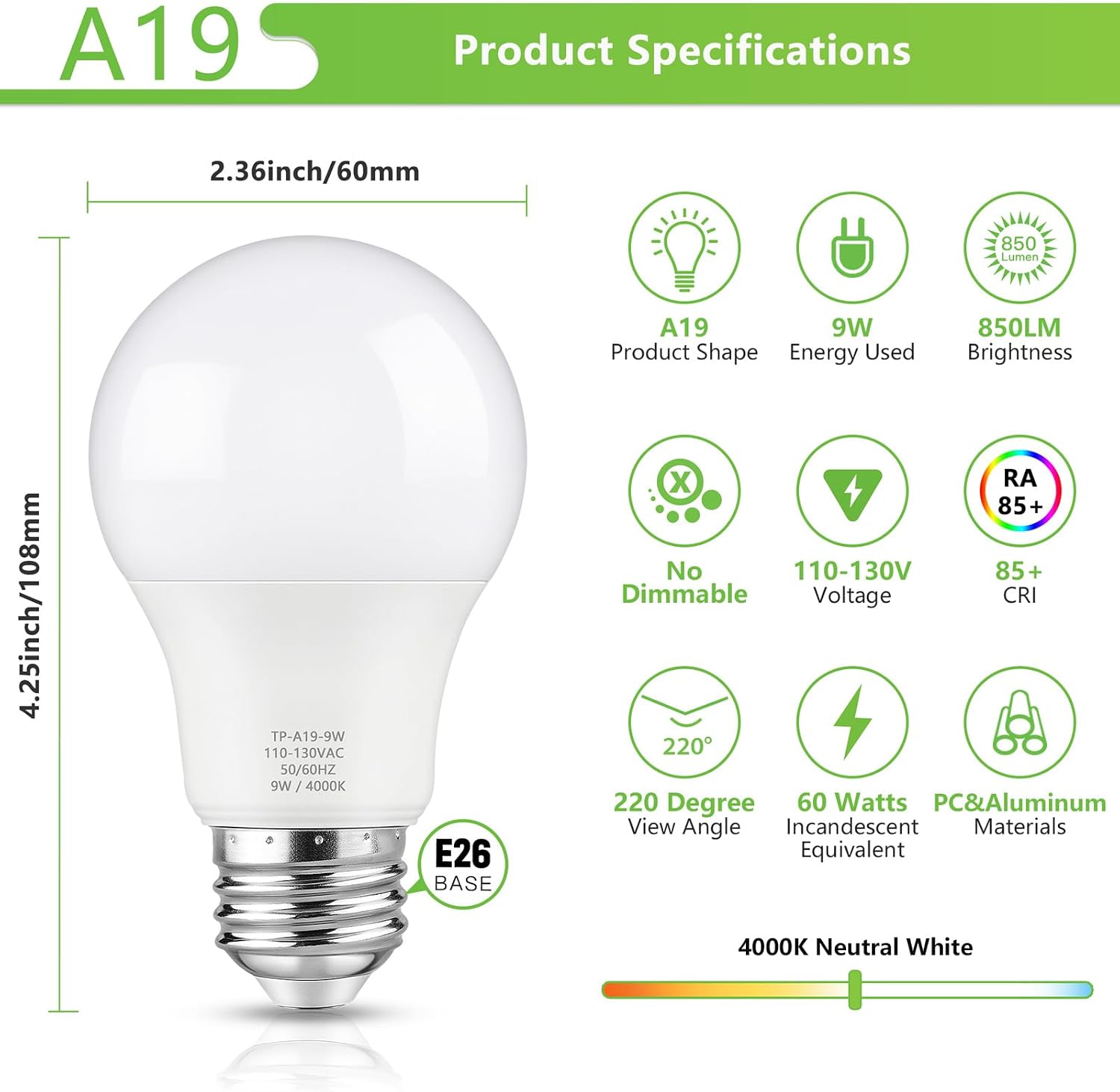 Maylaywood A19 LED Light Bulbs, 60 Watt Equivalent, 4000K Neutral White, 850LM, Non-Dimmable, E26 Base, 9W Bright White LED Bulbs, 4-Pack