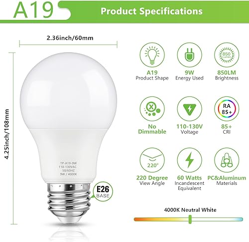 Miniatura 2 de Bombilla LED A19, bombillas LED equivalentes a 60 W, blanco neutro 4000K, 850LM, base E26, no regulable, 9 W blanco brillante, paquete de 12