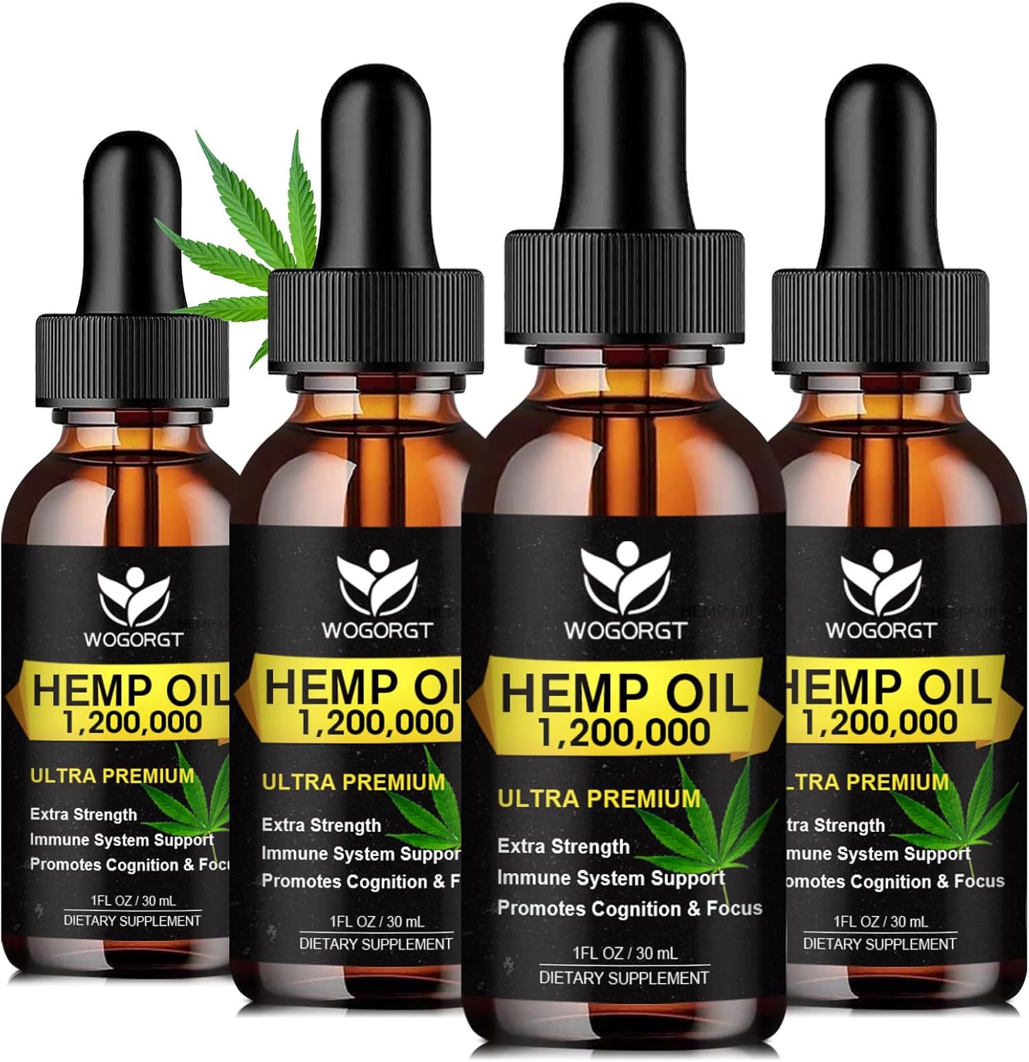 (4 Pack) Organic Hemp Oil - 100% Natural Hemp Oil Extract, Relaxation, Immune Support, Rich in Omega 3, 6, 9 Fatty Acids, Vegan - 30mL