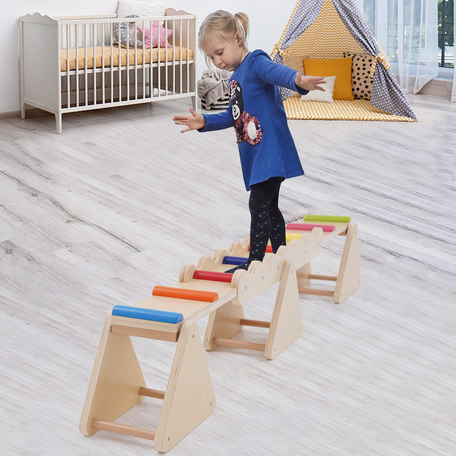 Poutre d'équilibre 2 en 1 en bois pour enfants, bascule et balançoire intérieur extérieur