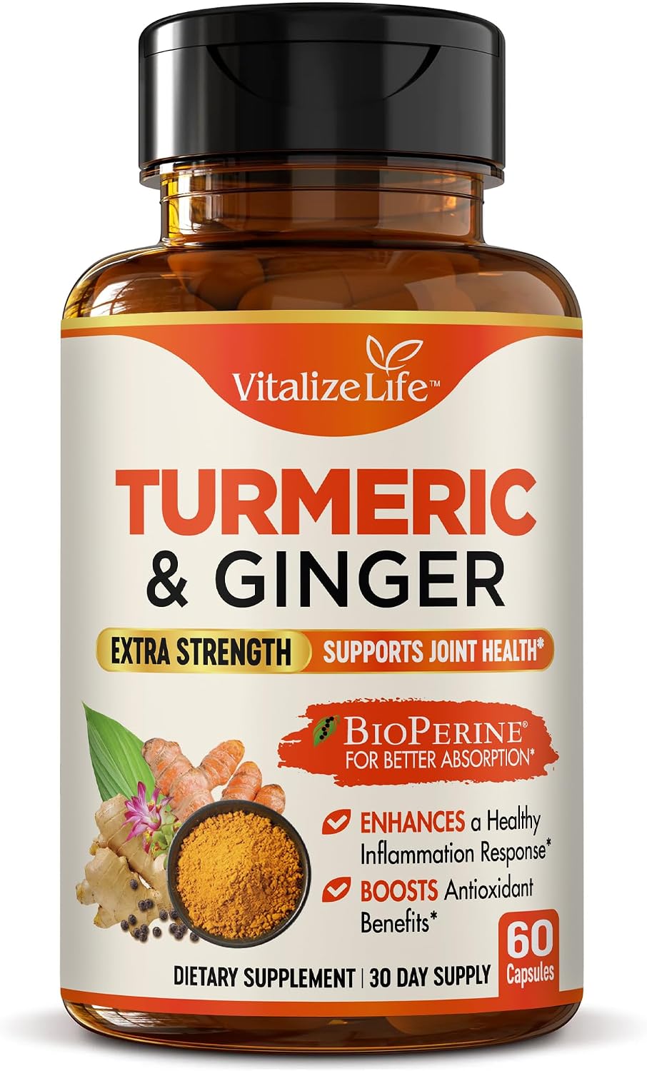 Organic Turmeric and Ginger Supplement Capsules – Made in USA – Extra Strength with BioPerine and 95% Curcuminoids for Joint Health and Healthy Inflammation Support – 60 Vegan Pills