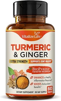 Organic Turmeric and Ginger Supplement Capsules Made in USA Extra Strength with BioPerine and 95% Curcuminoids for Joint Health and Healthy Inflammation Support 60 Vegan Pills