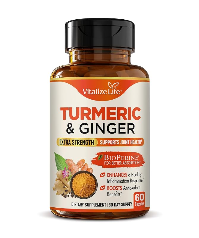 Vitalize Life — Suplemento articular de cúrcuma e gengibre com BioPerine e 95% de curcuminoides — 60 cápsulas veganas