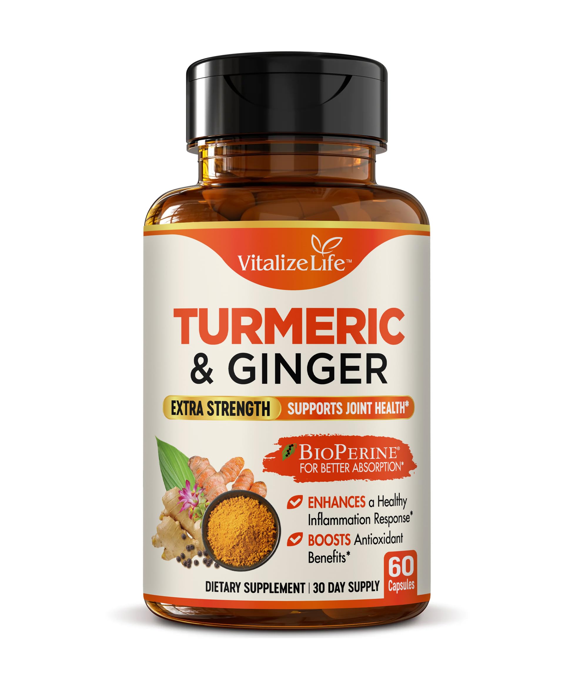 Organic Turmeric and Ginger Supplement Capsules – Made in USA – Extra Strength with BioPerine and 95% Curcuminoids for Joint Health and Healthy Inflammation Support – 60 Vegan Pills