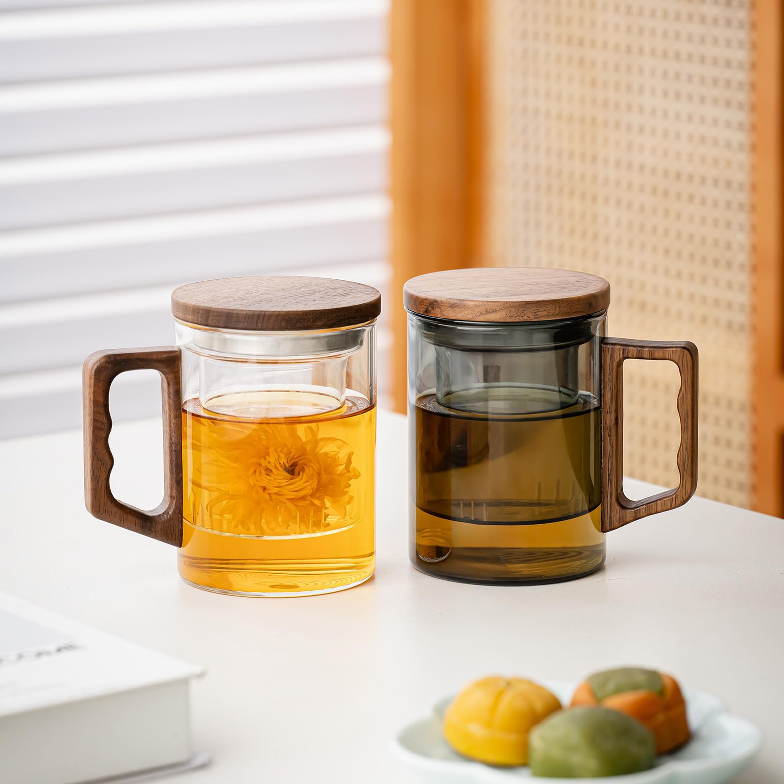 Tasse à thé en verre avec infuseur et couvercle, 400 ml, tasse à thé en verre borosilicate noir pour thé en vrac, tasse à thé avec poignée en bois, cadeau idéal