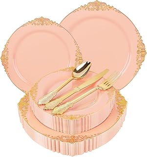 125PCS Peachy Pink Plastic Plates - Elegant Pink and Gold Dinnerware Set...