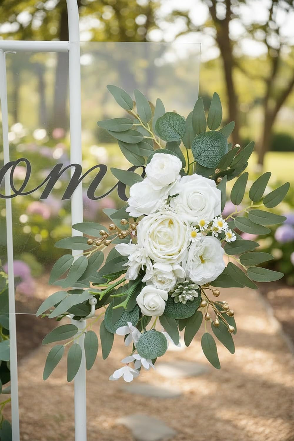 Artificial Floral Arch Swag Set of 2 – Elegant Wedding Welcome Sign Decorations for Ceremony & Reception, Rustic Greenery Flower Arrangements (White)