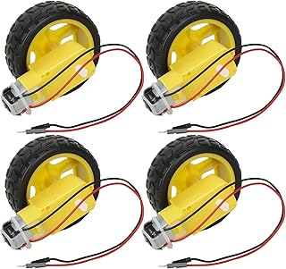 4 Sets TT Motor with Leads, DC 3-6V Gearbox Motor Dual Shaft 200RPM Ratio 1:48 Motor with Tire Wheel Kit for Arduino DIY Smart Car Robot