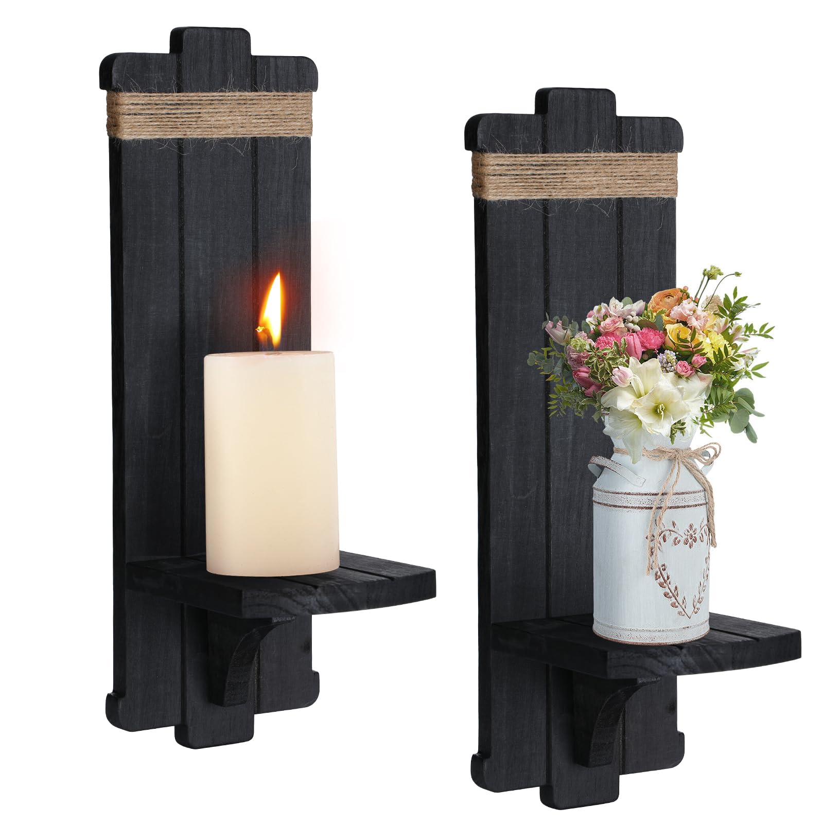 Farmhouse Wall Decor Candle Sconces - 2 Pcs Rustic Gothic Handmade Wooden Wall-Mount Candle Holders for Bedroom Living Room Bathroom Home Hanging Art Decorations Accessories Gifts, Black