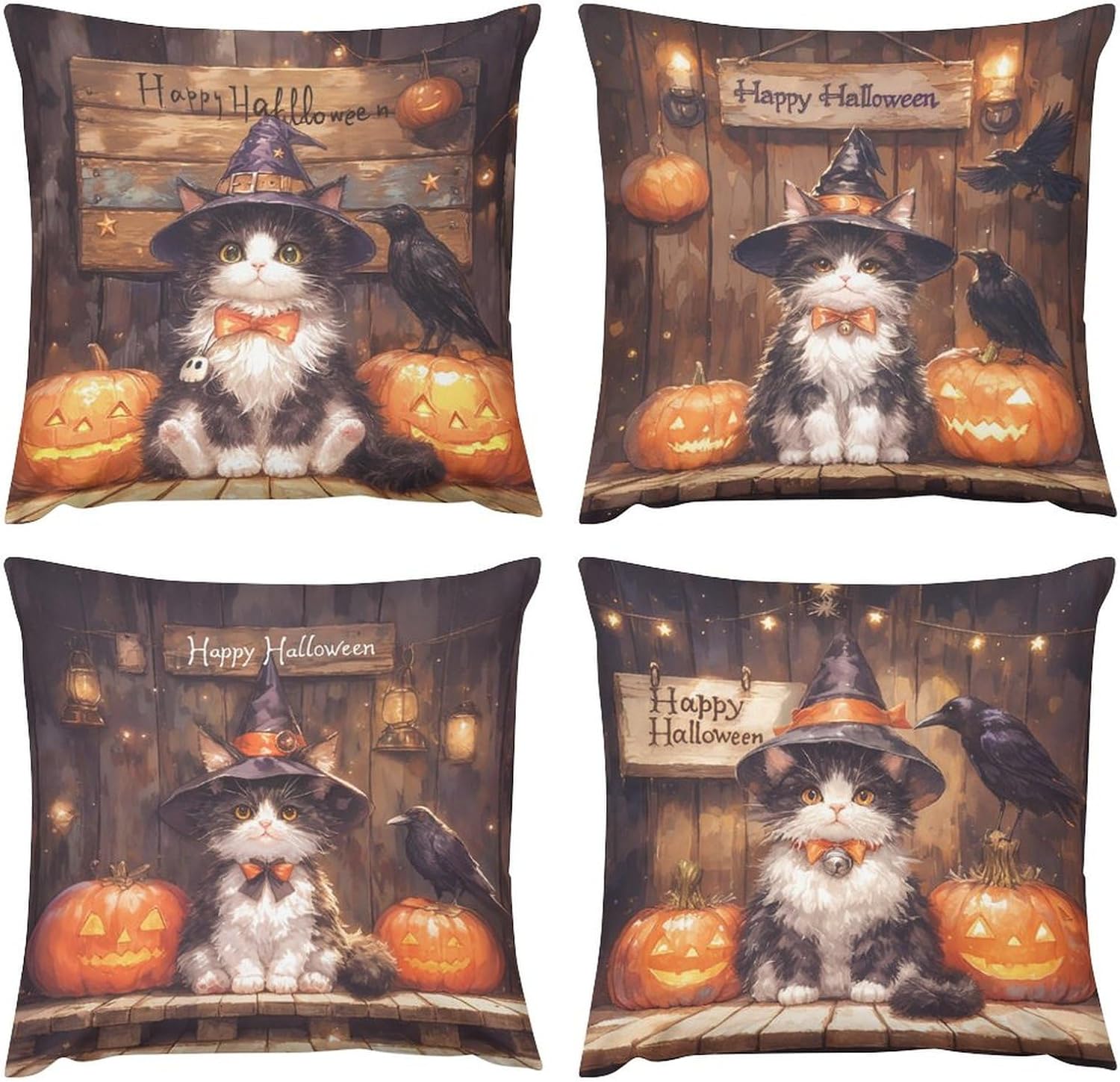 Pack of 4 Fall Cartoon Kitten Pumpkin Halloween Decorative Throw Pillow Covers 24 x 24 , Soft Square Cushion Case Pillow Cases Set for Farmhouse Home Couch Sofa Decor, Christmas Pillows Decorations