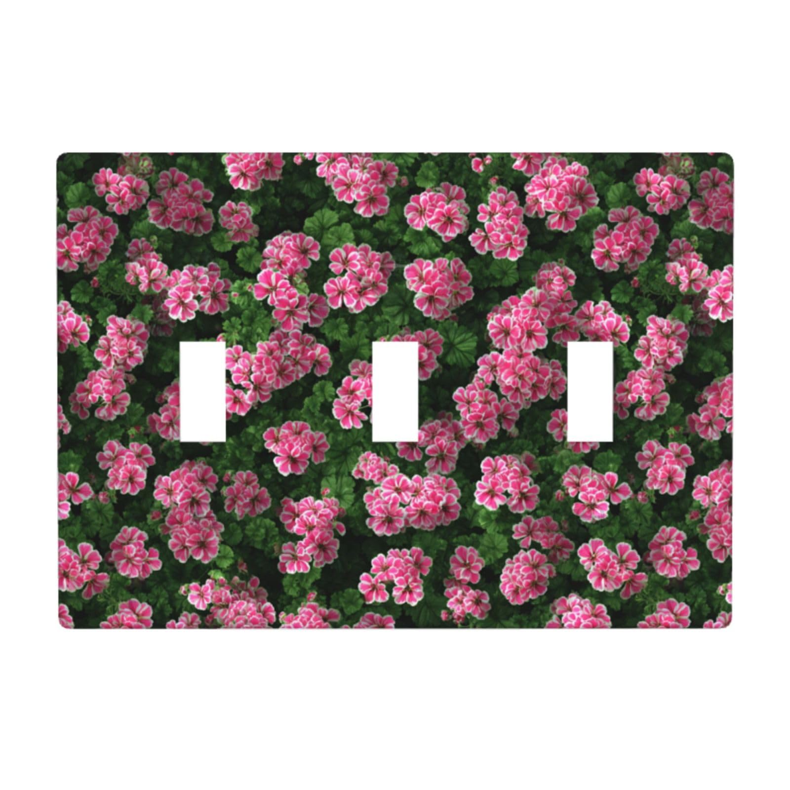 Pink Geraniums Tiny Flowers Pattern Light Switch Covers 3 Gang Triple Toggle Wall Plate Switchplate Electrical Faceplate for Bathroom Kitchen Bedroom Decor