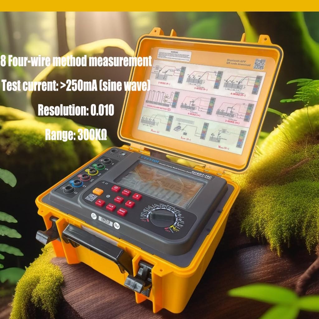 Multi-Function Grounding Resistance Tester Double Clamp Soil Resistivity Meter with Resistance 0.00Ω-30.00kΩ AC Leakage Current 0.00mA-600A Soil Resistivity 0.00Ωm-9000kΩm 2000 Groups Storage