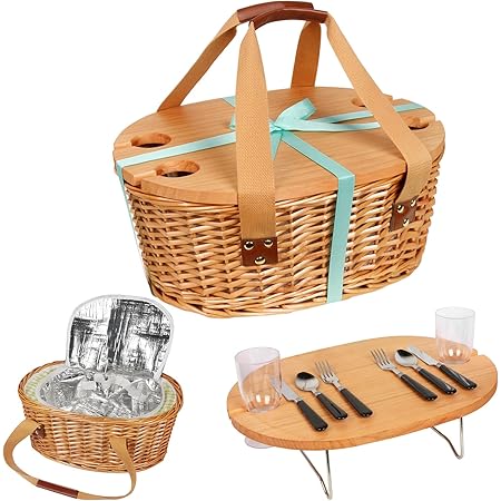 Amazon.com: Picnic Basket Set for 2 Persons, Handmade Woodchip Basket ...