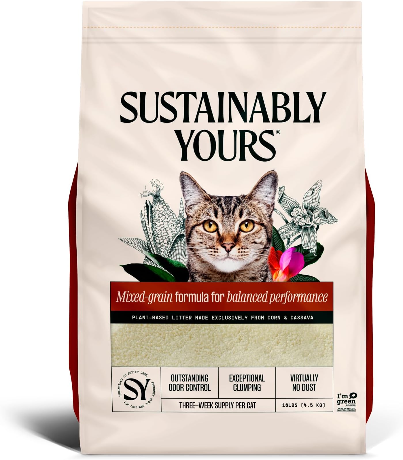 Sustainably Yours Natural Cat Litter, Mixed-Grain Formula, Exceptional Clumping & Odor Control, Virtually No Dust, Easy to Scoop, Corn & Cassava Plant-Based, Unscented, 10 lbs