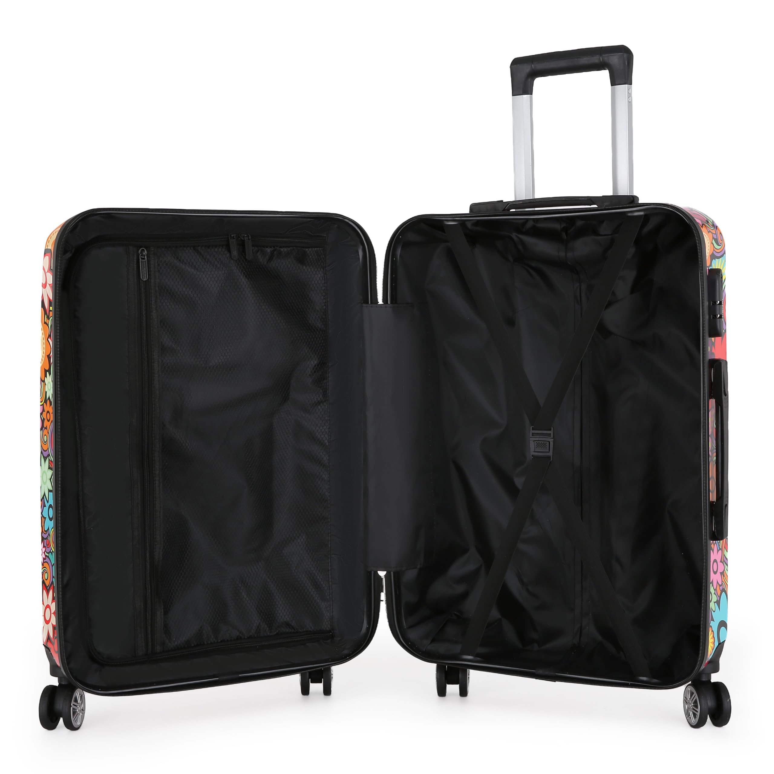 Infinity Leather Mittelgroßer Koffer „Flowers“, 61 cm, superleichtes Gepäck, 4 Räder, Spinner, 3-stelliges Zahlenschloss, Hartschalengepäck für 15 bis 20 kg