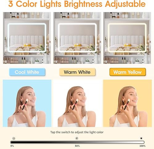 Miniatura 4 de Vabches Escritorio de tocador de maquillaje con espejo y luces, juego de mesa de tocador blanca con estación de carga, tocador pequeño para niñas y