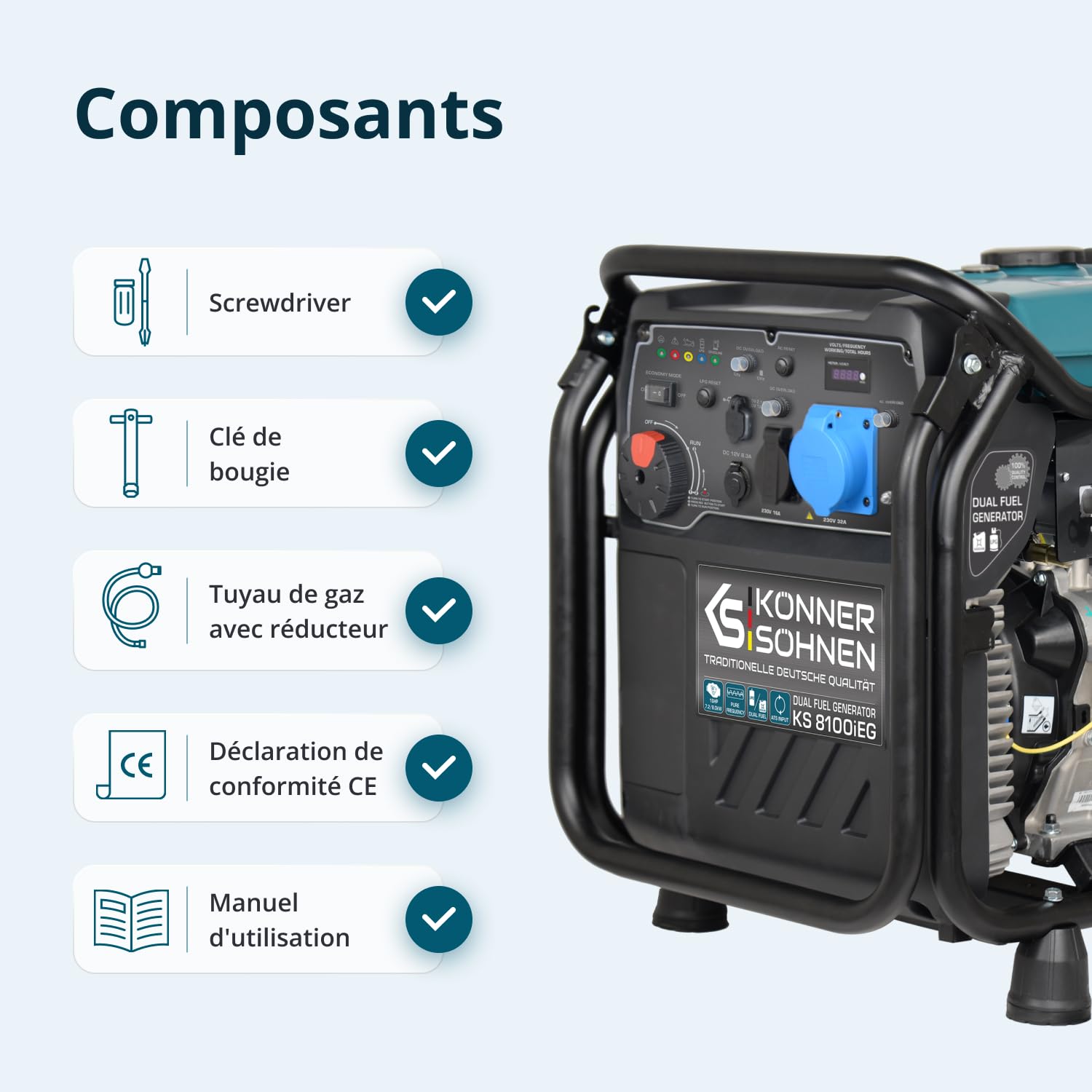 Groupe électrogène inverter à essence/gaz Könner & Söhnen KS 8100iEG, puissance maximale 8000 W, affichage LED, mode d’économie de carburant, enroulement en cuivre, EURO V. Générateur onduleur.