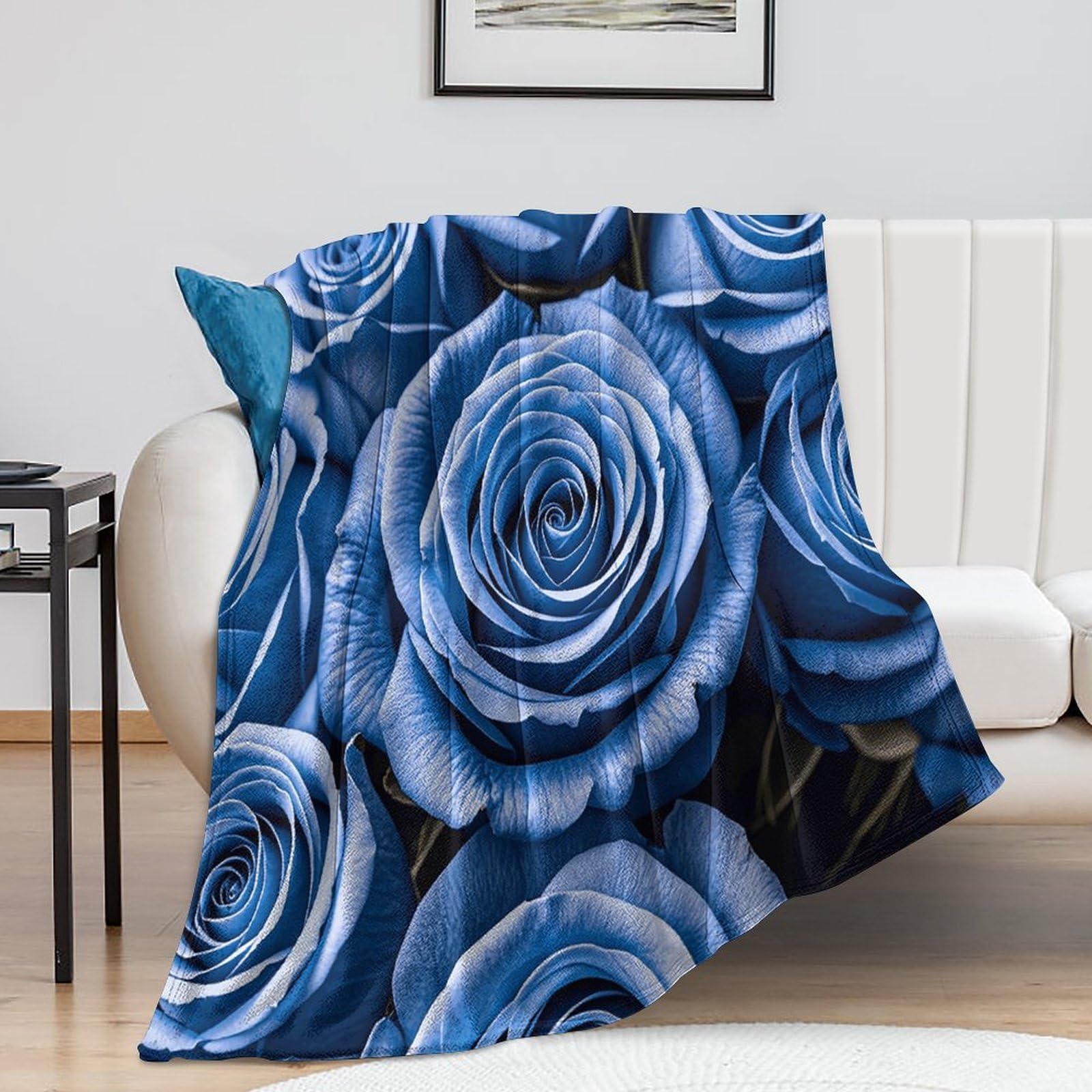 Couverture pelucheuse haut de gamme motif roses bleues plaid douceur