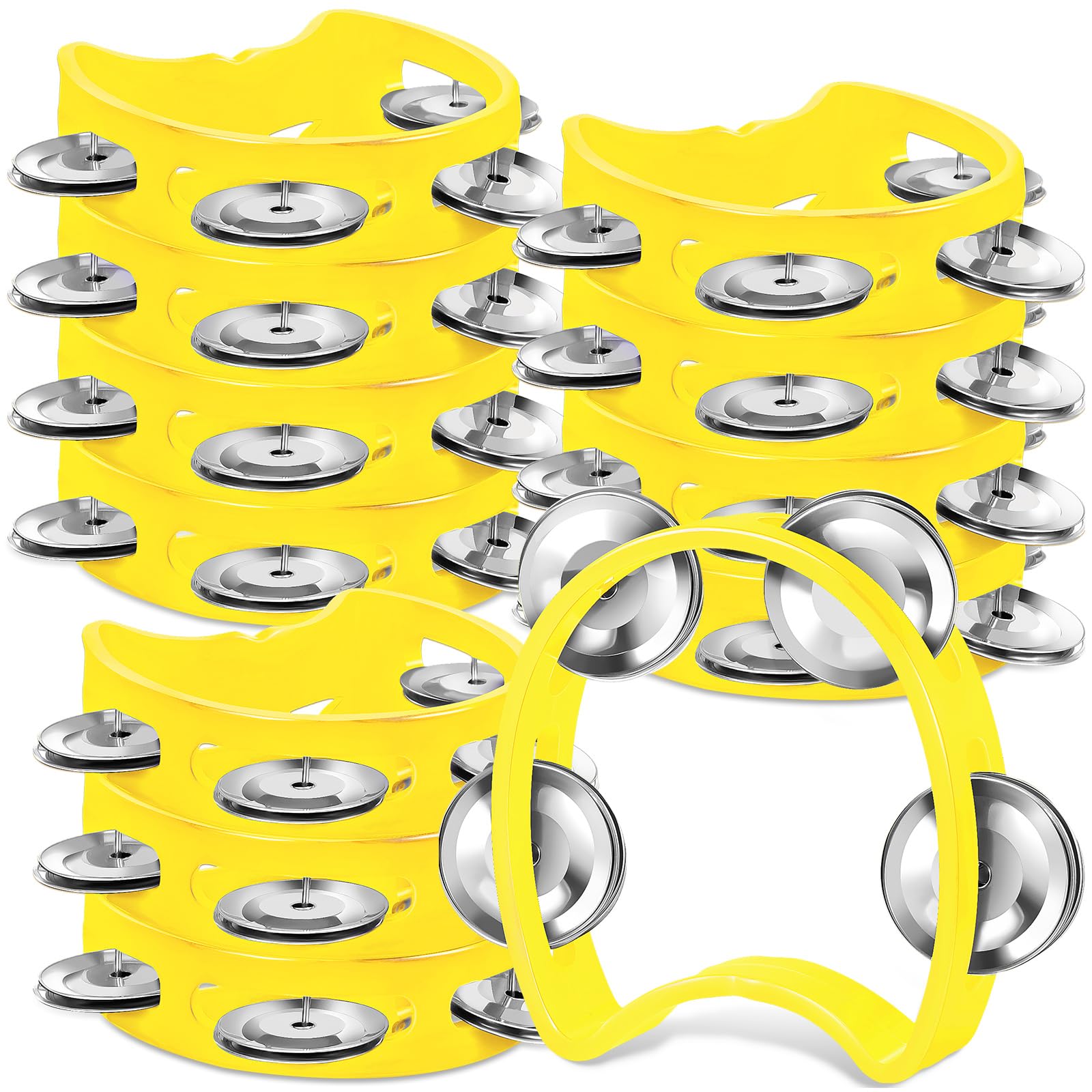 12 Pcs Plastic Percussion Tambourine with 4 Bells Rhythm Musical Instruments for Adults Hand Tambourine Hand Held Percussion Drum for Party Kindergarten Family School Supplies (Yellow)
