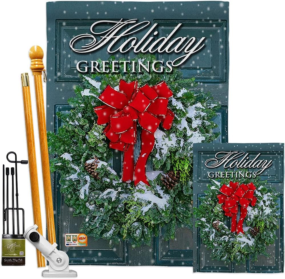 Holiday Greeting Wreath House Flag Wintertime Winter Wonderland Snowflake Snowman Ice Skate Season Snow Small Decorative Gift Yard Banner Made In USA 28 X 40