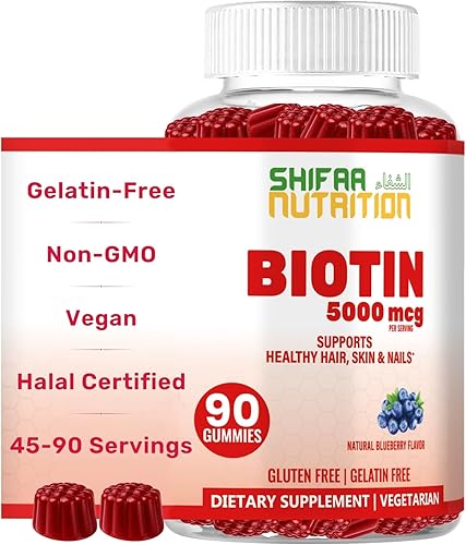 SHIFAA NUTRITION Gomitas veganas de biotina para adultos y niños | 90 gomitas | 5000 mcg 45 porciones | Sin OMG | Sin gluten, gelatina, maní, huevo