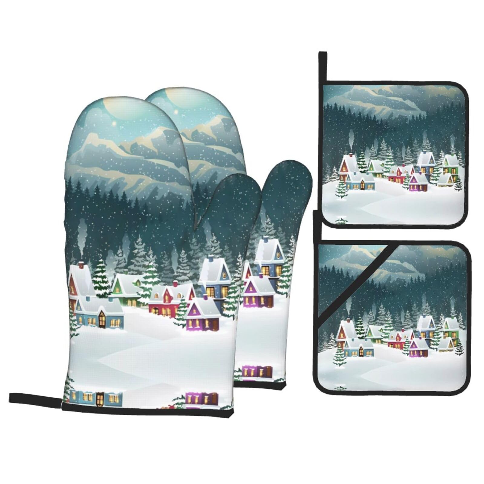 HJFCZH Snow Covered Village Town Prints Kitchen Covers: Waterproof Oven Layers for Safe Cooking & Easy Cleanup - 4 Piece Heat Protection Set
