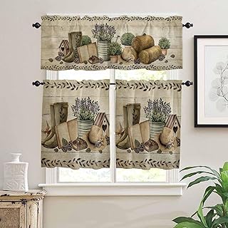 3 Pieces Kitchen Curtains Valance and Tiers Set - 24 Inch Length,Rustic Retro Book Boot Cap Rod Pocket Drapes Short Window Treatment for Cafe Bathroom Bedroom,Vintage Farmhouse Wood Board