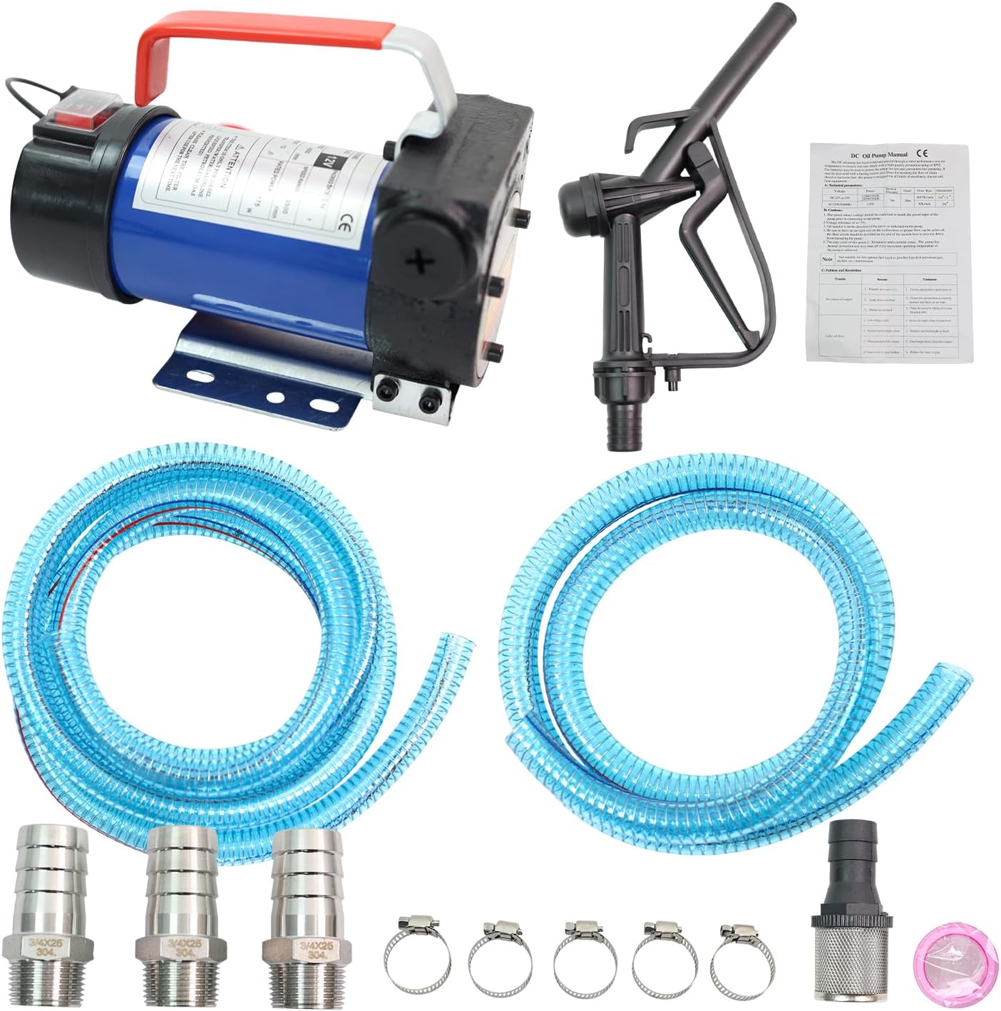 Diesel Transfer Pump Kit,12 GPM DC 12V Portable Self-Priming Fuel Transfer Pump W/Manual Nozzle,6.6 FT & 13 FT Fuel Hose,Filter Used for Diesel, Kerosene,Light Oil,NPT Threads Fittings