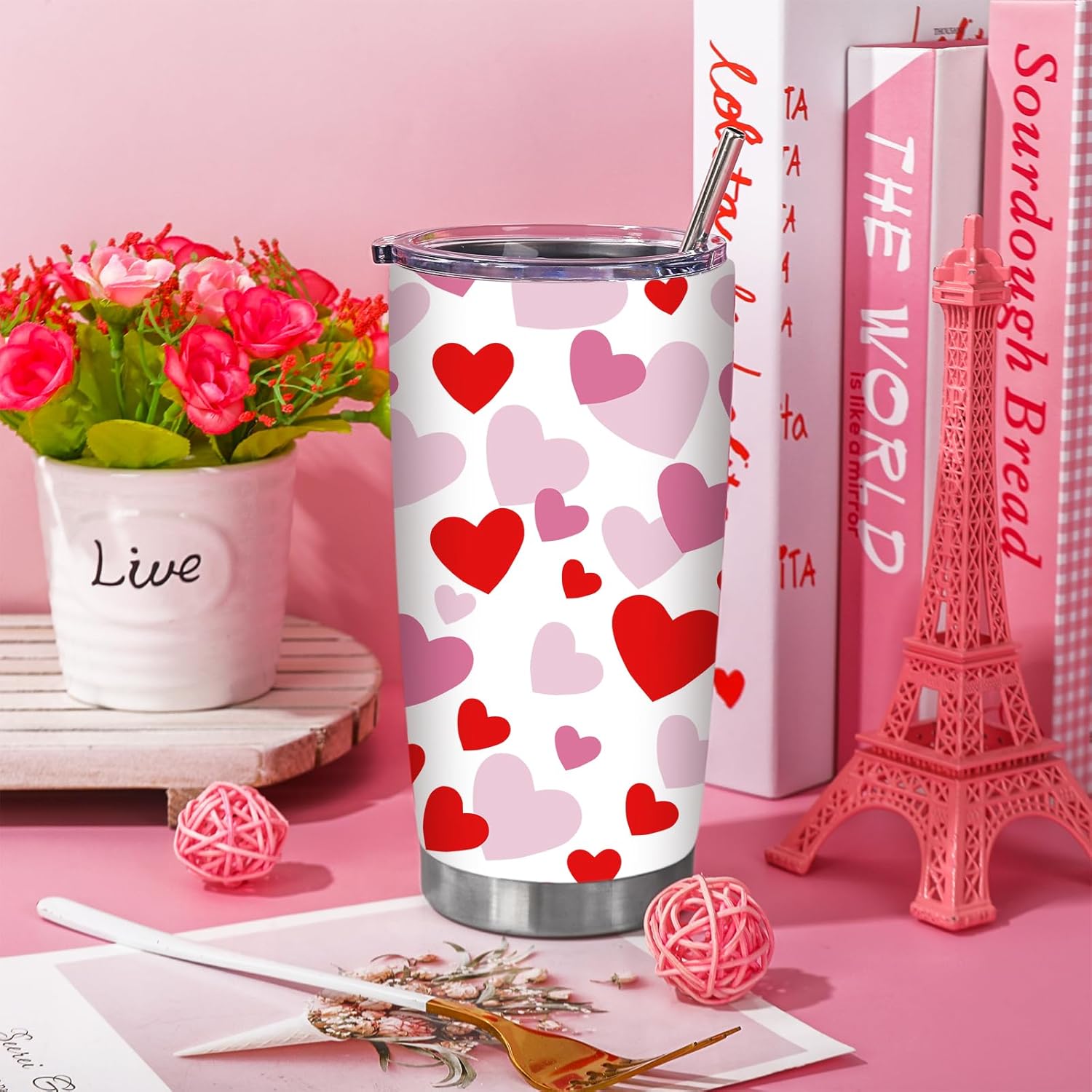JarThenaAMCS 1Pcs Valentine Tumbler with Lid Straw 20 Oz Red Pink Heart Travel Coffee Tumbler Cup Boxed for Anniversary Birthday Party Favor Supplies - Image 5