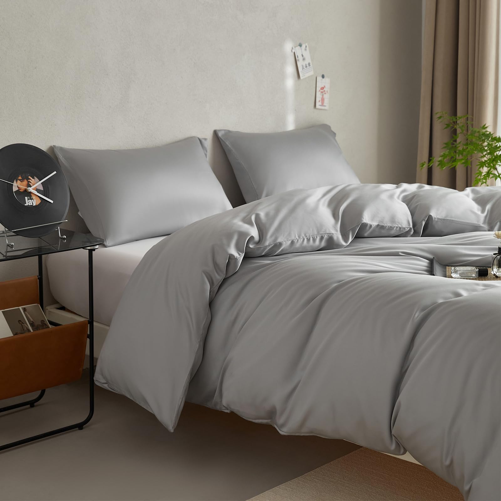 DCSKY Queen Size Tencel Duvet Cover Set 3-Piece - 100% Lyocell Bedding Set, Silky Smooth & Hypoallergenic, Temperature Regulating for Hot Sleepers (Grey, 104x90 Inches)