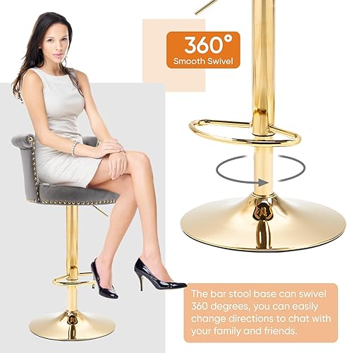 Miniatura 7 de Modern Swivel Grey Bar Stools Set of 2, Adjustable Counter Height Gold Barstools with Backs Upholstered Tufted Velvet Bar Chairs for Kitchen Island