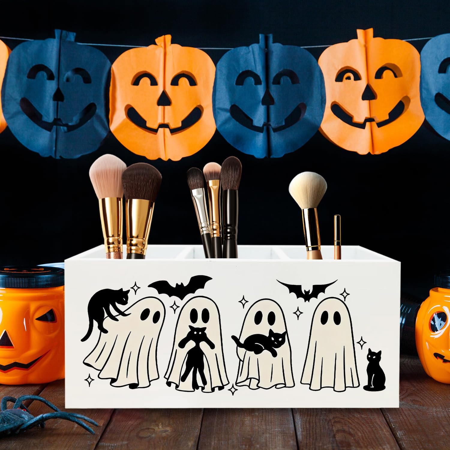 Halloween Spooky Ghost Pen Holder for Desk, Funny Halloween Black Cat Bats Wooden Box Sign Desk Decor for Home Office Decoration, Trendy Cute Ghosts Pencil Organizer, Cat Lover Gifts image 5