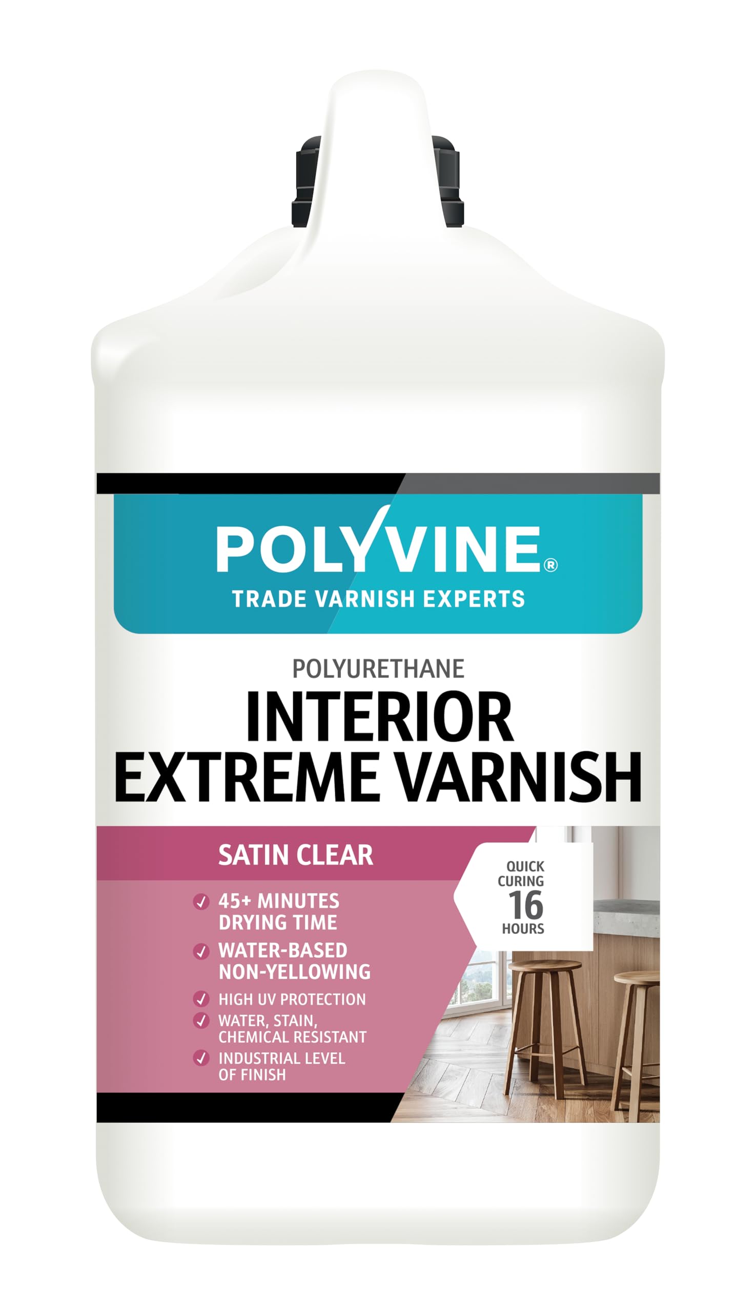 Polyvine White Interior Extreme Varnish Satin Or Dead Flat – Quick Dry Polyurethane Clear Coat Multi Use Protective Coating - Water-Based, Uv, Heat, Stain, Water Resistant Sealer, Satin, 4L
