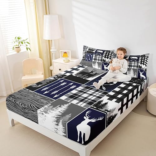 Miniatura 225 de Sábana bajera ajustable de oso de caza, juego de ropa de cama a cuadros de búfalo, sábanas de retazos de cabaña rústica para niños, niños, Multi