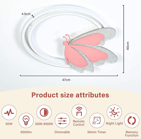 LED Ceiling Light Butterfly 48 W Dimmable with Remote Control Colour Temperature 3000-6500 K Night Light Timer Memory Function Ceiling Lamp for Children's Room & Bedroom 4800 lm 47 x 40 cm Metal [Energy Class E]