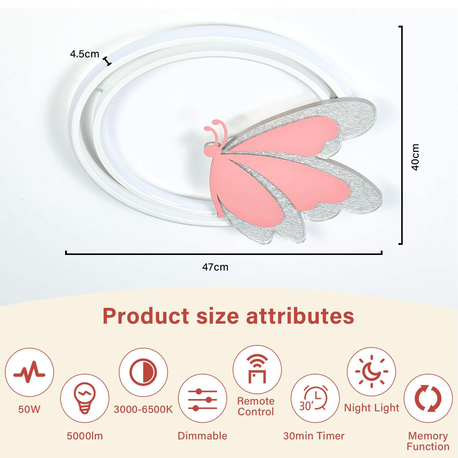 LED Deckenleuchte Schmetterling 48W Dimmbar mit Fernbedienung, Farbtemperatur 3000–6500K, Nachtlicht, Timer, Memory-Funktion, Deckenlampe für Kinderzimmer & Schlafzimmer, 4800lm, 47x40cm, Metall
