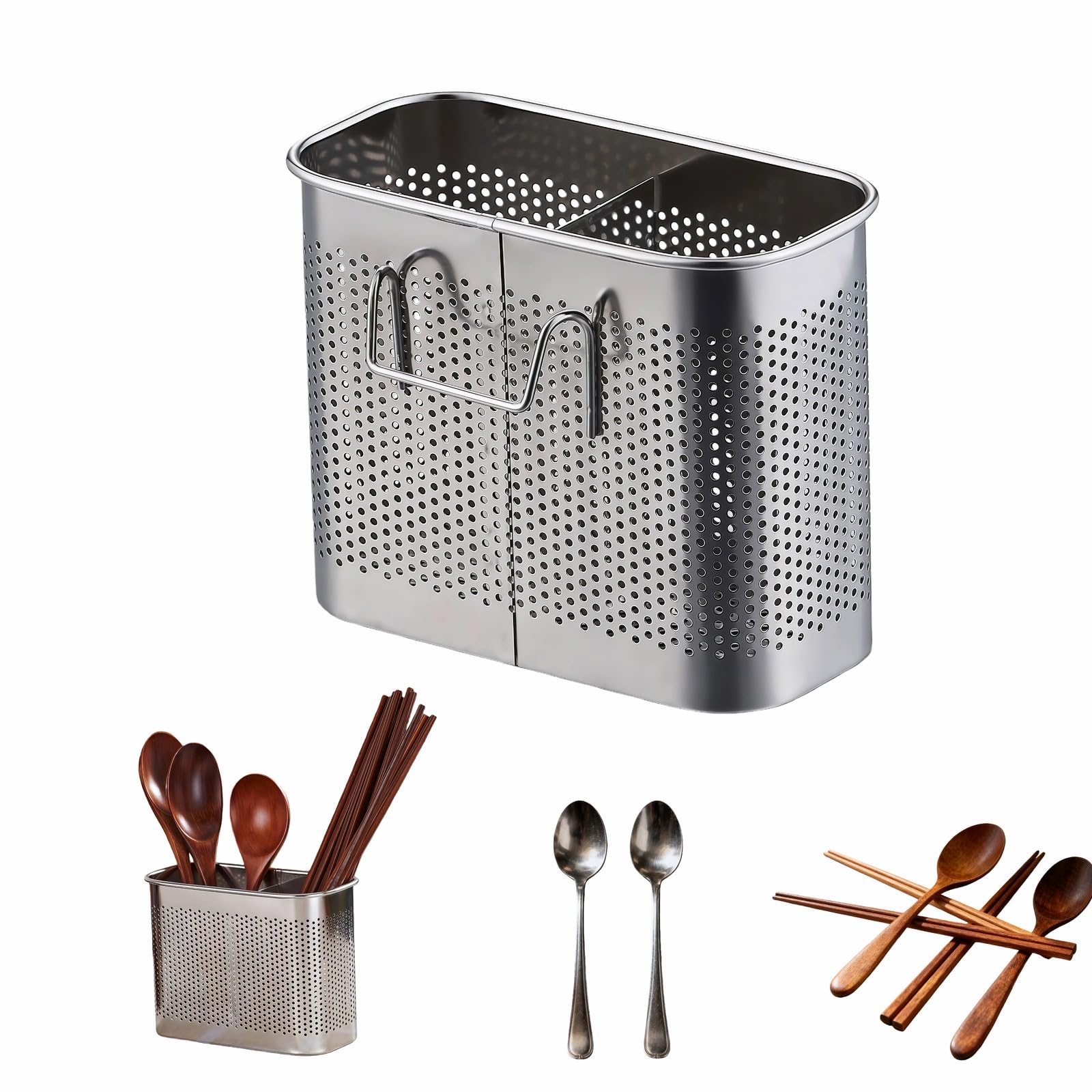 304 Stainless Steel Utensil Drainer, 2-Tier Silverware Drying Rack with Hooks, Anti-Rust Kitchen Sink Organizer &amp; Cutlery Holder for Dishwasher, Countertop Space-Saving Storage, Brushed Finish