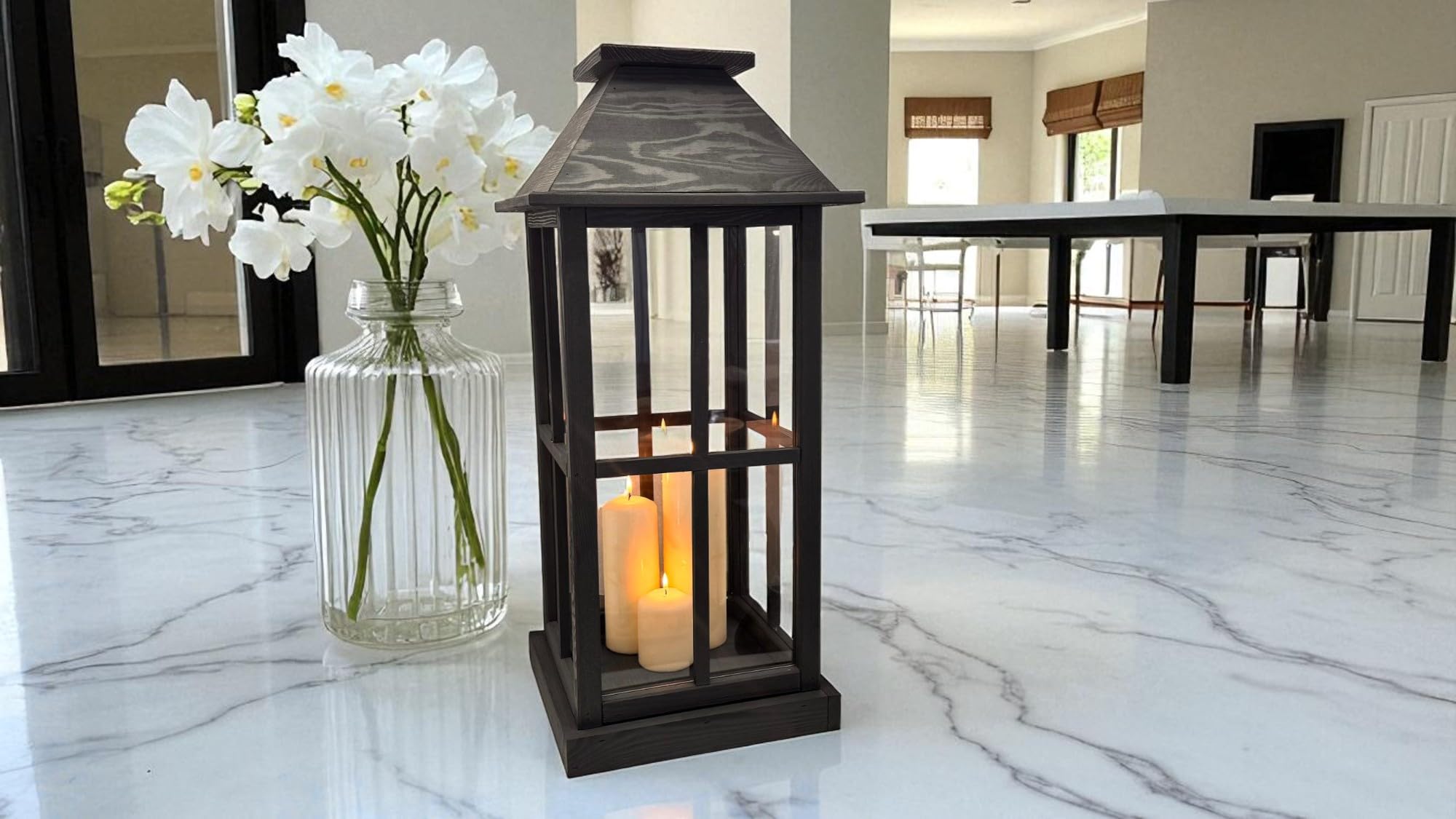 Weeco Farol grande de madera antracita con láminas de plexiglás, 74 cm de alto, 31 cm de ancho, elegante farol decorativo para velas