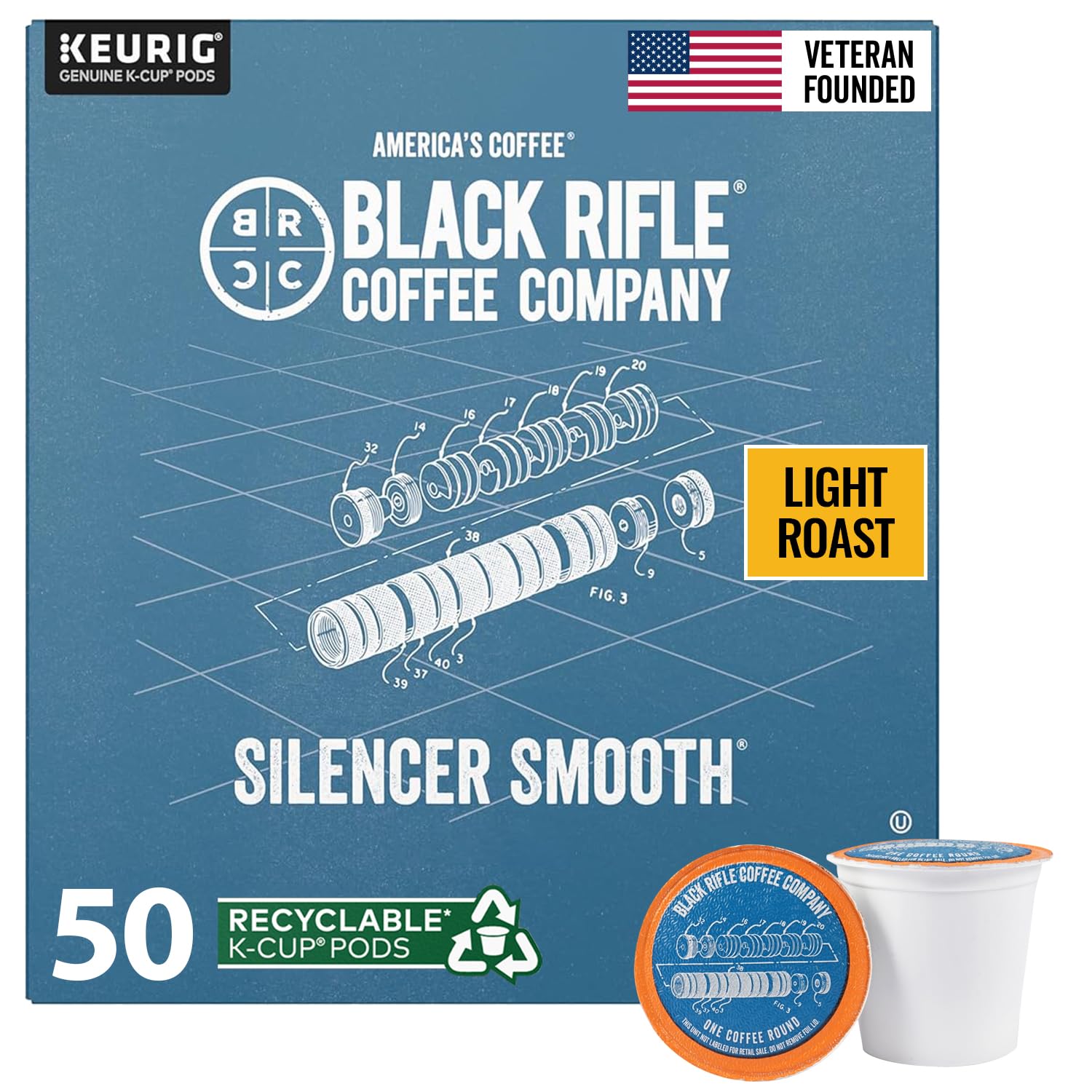 Black Rifle Coffee Company Silencer Smooth, 50 Count, Light Roast K Cups - Single Serve K Cups Coffee Pods - Kcup Pods Compatible with Keurig 1.0 & 2.0 - Made from Arabica Beans
