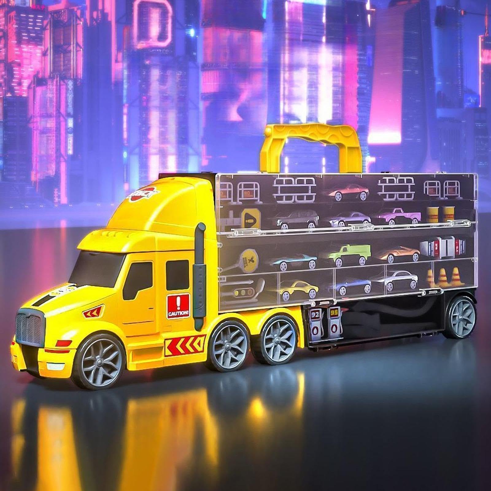 Transportträger-LKW-Spielzeugset, Hauler-Track-Ejection-Auto-Transport-LKW-Spielzeug für 2-, 3-, 4-, 5- und 6-Jährige, Gelb