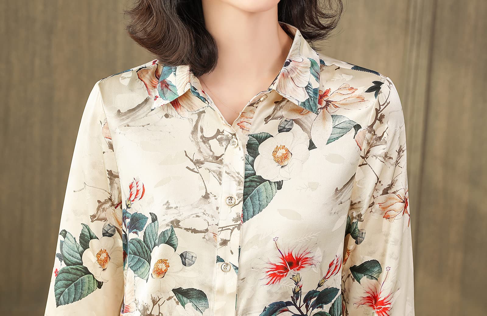 Valin Blusa de seda para mujer con estampado de botones camisas de mujer blusa de manga larga solapa blusa de seda,S6616